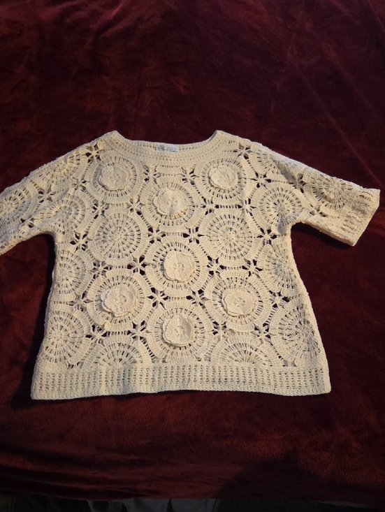 Cato Sweaters - Cato Cream Crochet Flower And Circle Motif Short Sleeve Sweater